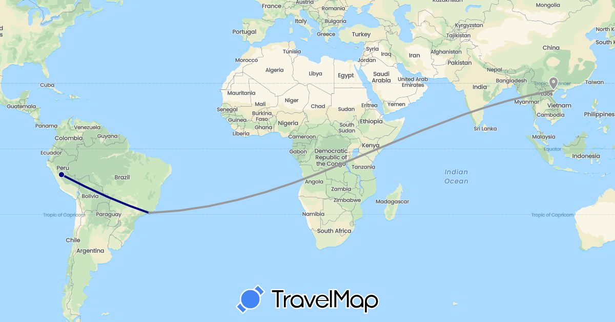 TravelMap itinerary: driving, plane in Brazil, Peru, Vietnam (Asia, South America)